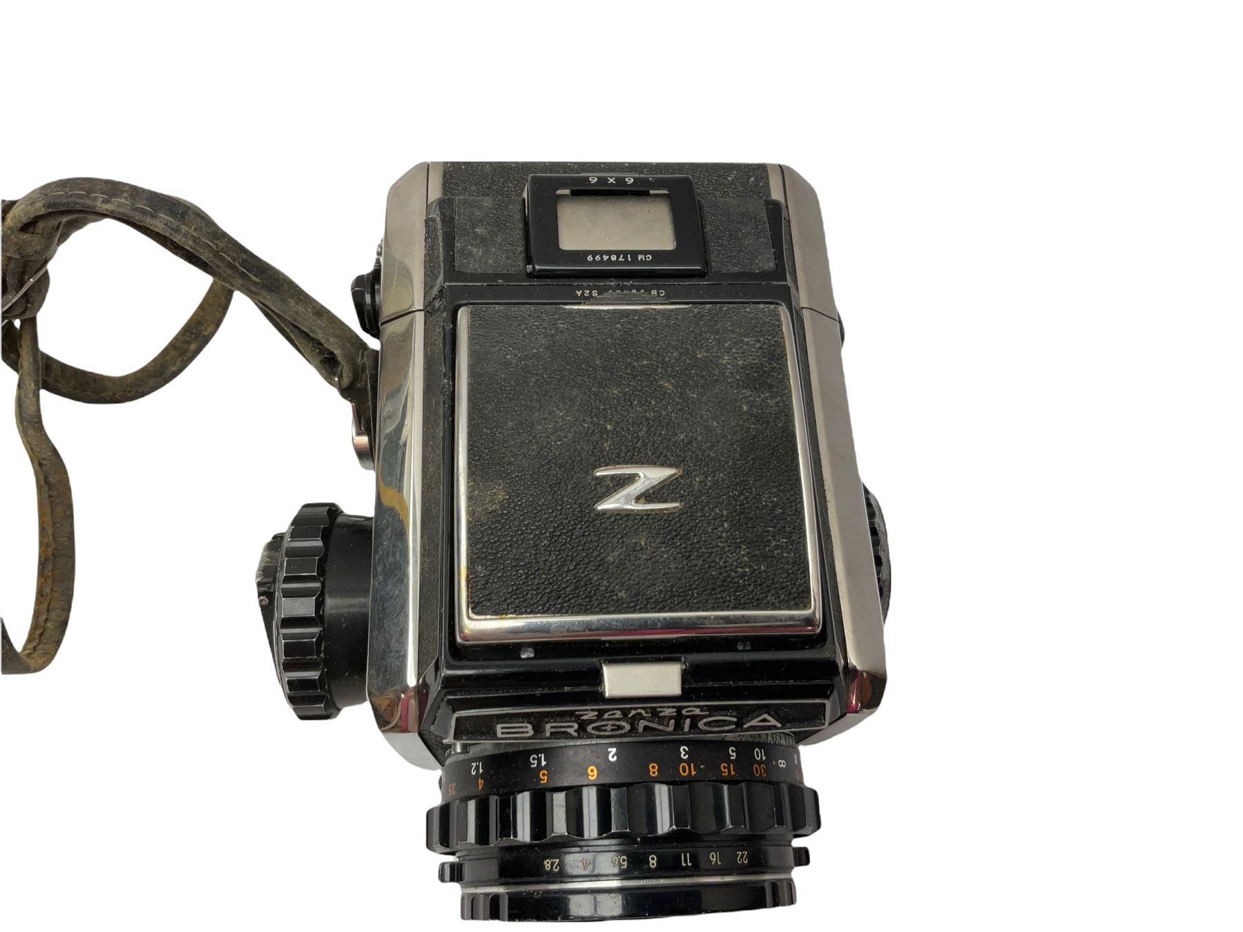 Zenza Bronica S2A medium format camera body, with Nikkor-P '1:2.8 f-75mm' lens, Zenza Bronica Zenzanon MC '1:3.5 f-150mm lens, Zenza Bronica Tele-Converter-E 2x, and two additional film cases. in a Billingham camera bag