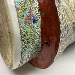 Chinese Republic Period porcelain figure, modelled as Shoulao, wearing elaborately enamelled robes decorated with peaches and flower heads, with impressed mark beneath, H55cm