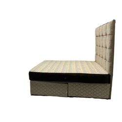 5’ Kingsize divan bed with mattress and headboard, tall buttoned head board upholstered in champagne fabric