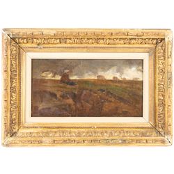 English School (19th Century): Figure and Cows on a Stormy Moorland, oil canvas laid onto board indistinctly signed 14cm x 27cm