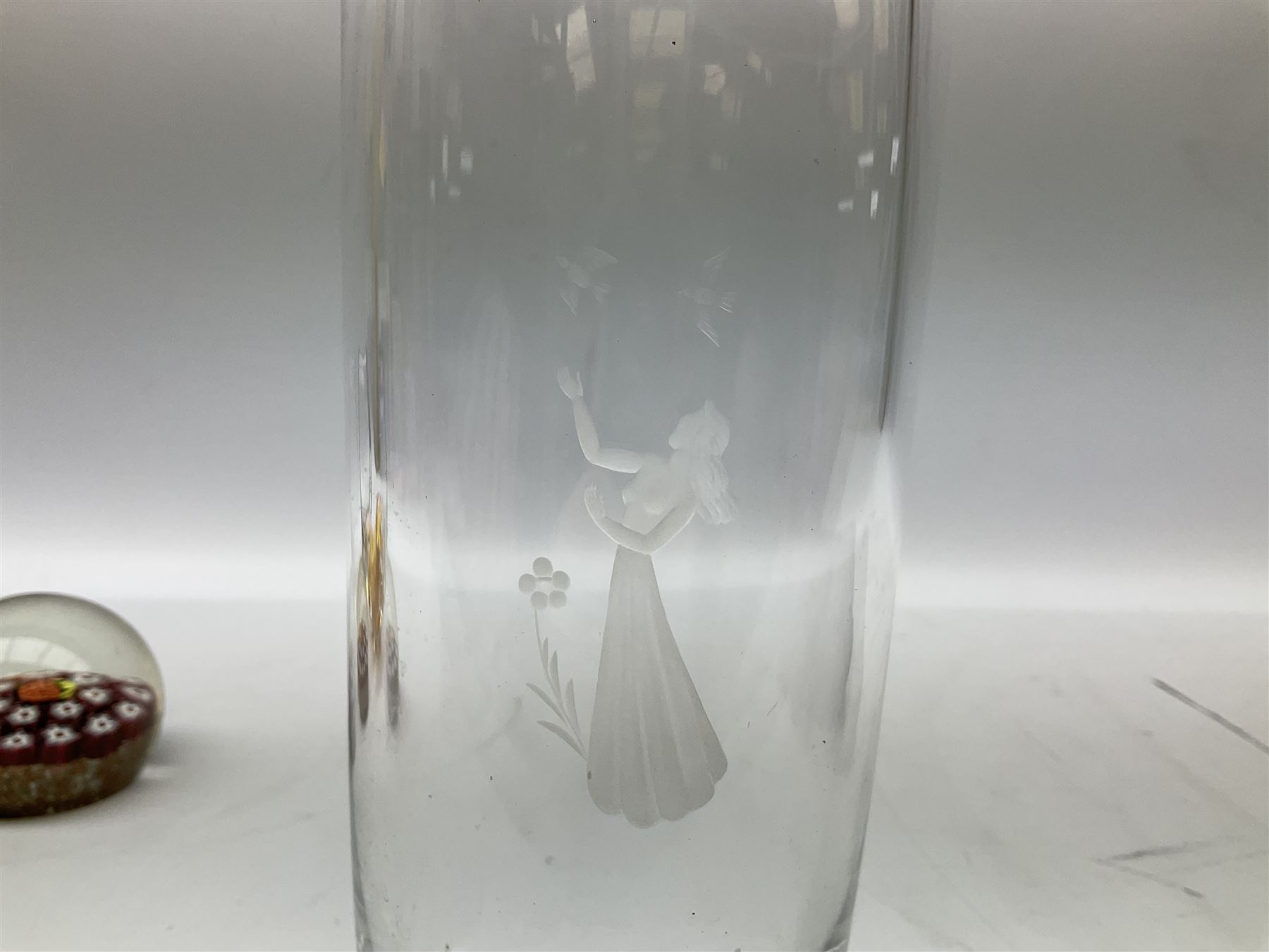 Vicke Lindstrand for Kosta glass vase of flattened ovoid form, the body with deep purple band from rim to rim, signed LH 1242 beneath, together with Orrefors glass vase, engraved with female figure with birds, signed beneath, art glass bowl and paperweight (4) tallest H23.5cm