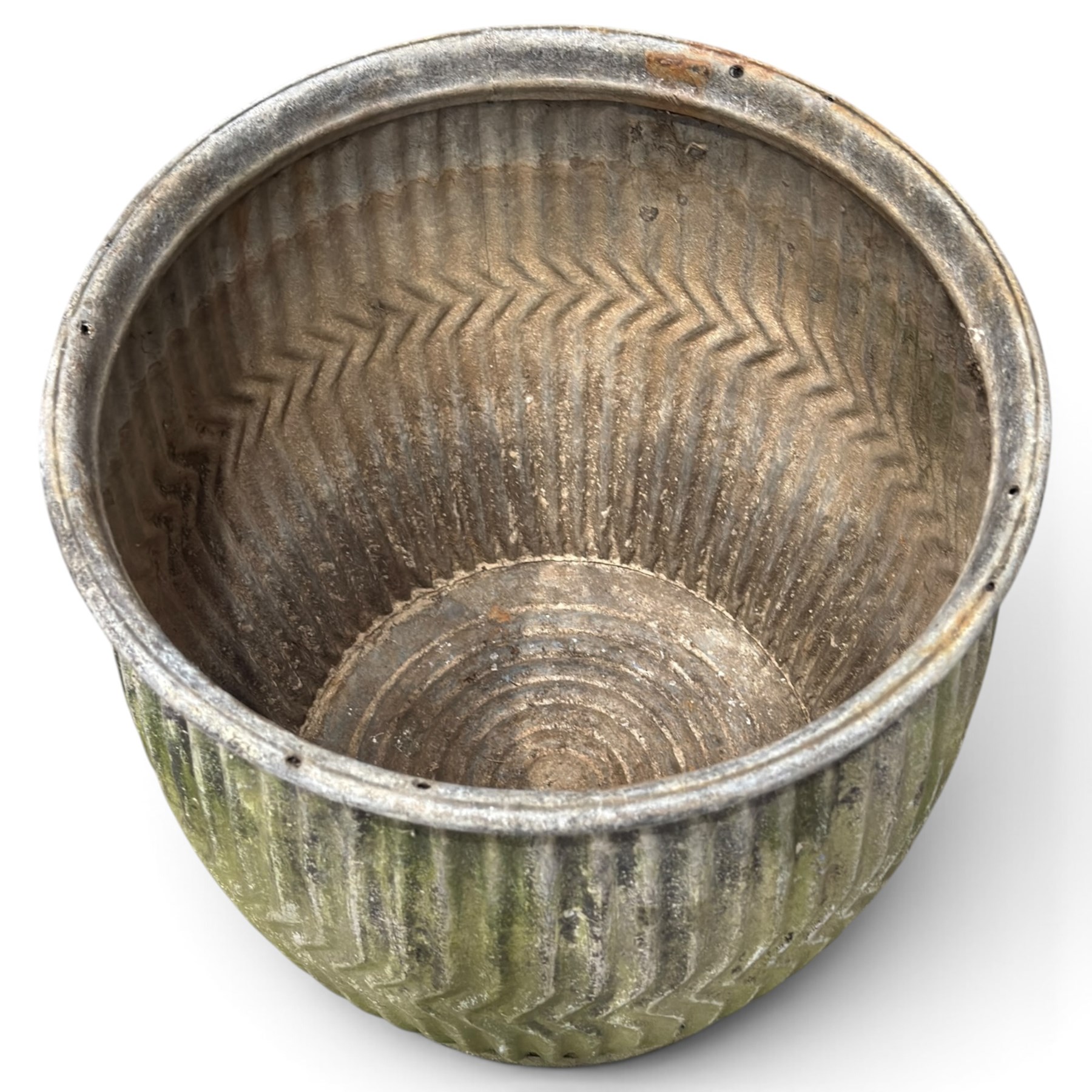 Two20th century galvanised metal dolly tubs, with rolled rims above corrugated bodies centred by chevron bands and circular bases, max W48cm H52cm)