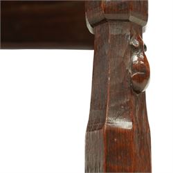 Mouseman - 1930s adzed oak joint stool, dished figured burr oak seat, on shaped octagonal supports joined by stretchers, carved with mouse signature, by Robert Thompson of Kilburn