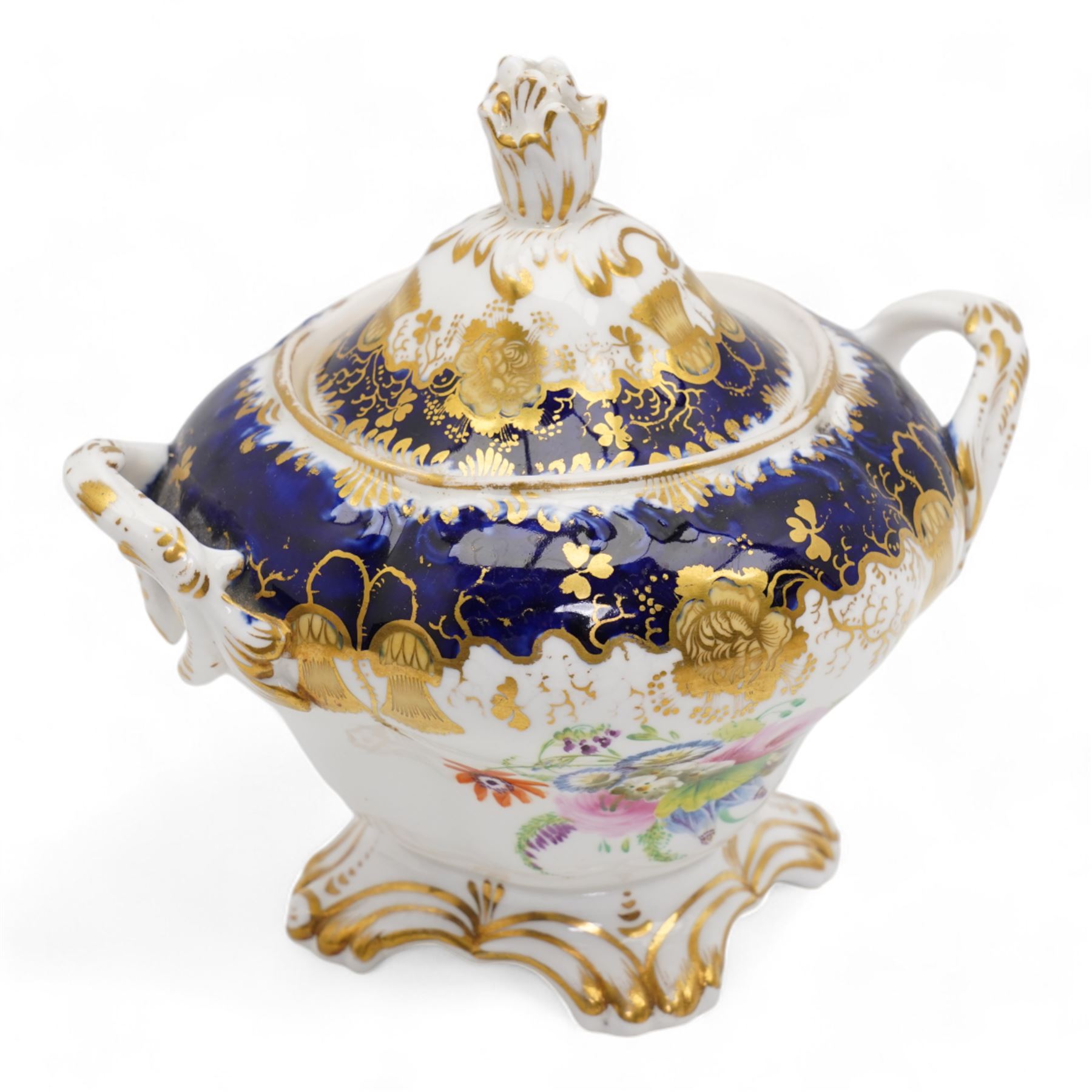 19th century porcelain part tea service, probably Spode, comprising sucrier, milk jug, sandwich plate, seven cups and two saucers, decorated with floral sprays, within cobalt blue and gilt borders, pattern no. 735 