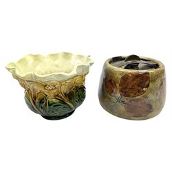 Bretby jardiniere with impressed mark beneath together with Royal Doulton stoneware ovoid tobacco jar and cover, patent no. 194168 and impressed mark beneath 