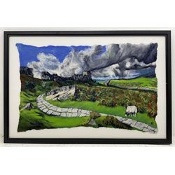 Bridget Bernadette Karn (Yorkshire Contemporary): ‘On the Edge of the Storm - Cow and Calf Ilkley’, wool and felt collage, signed titled and dated February 2021 verso 103cm x 162cm