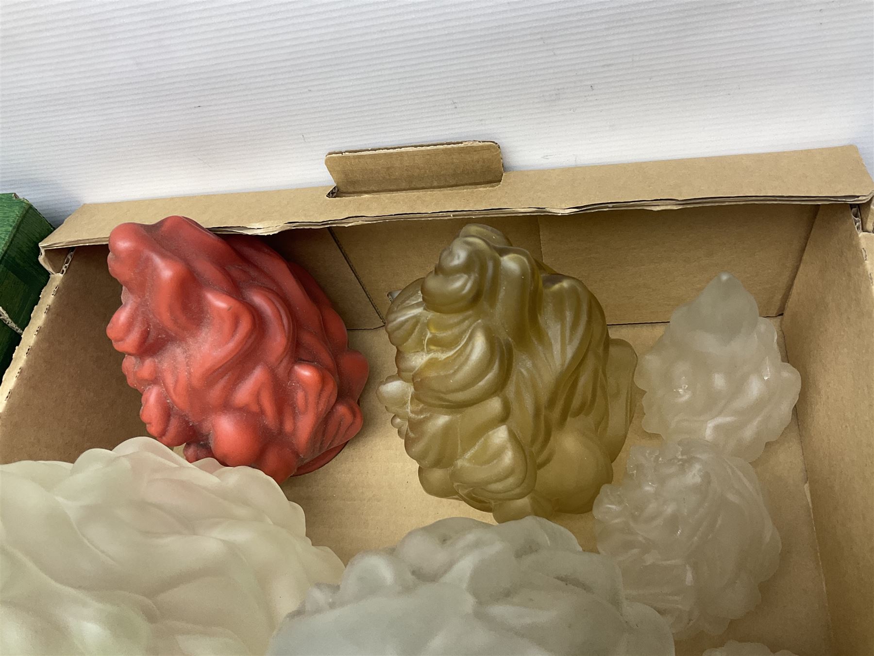 Five frosted glass Flambe lamp shades, together with three similar smaller examples and two coloured examples, and a quantity of other glass lampshades