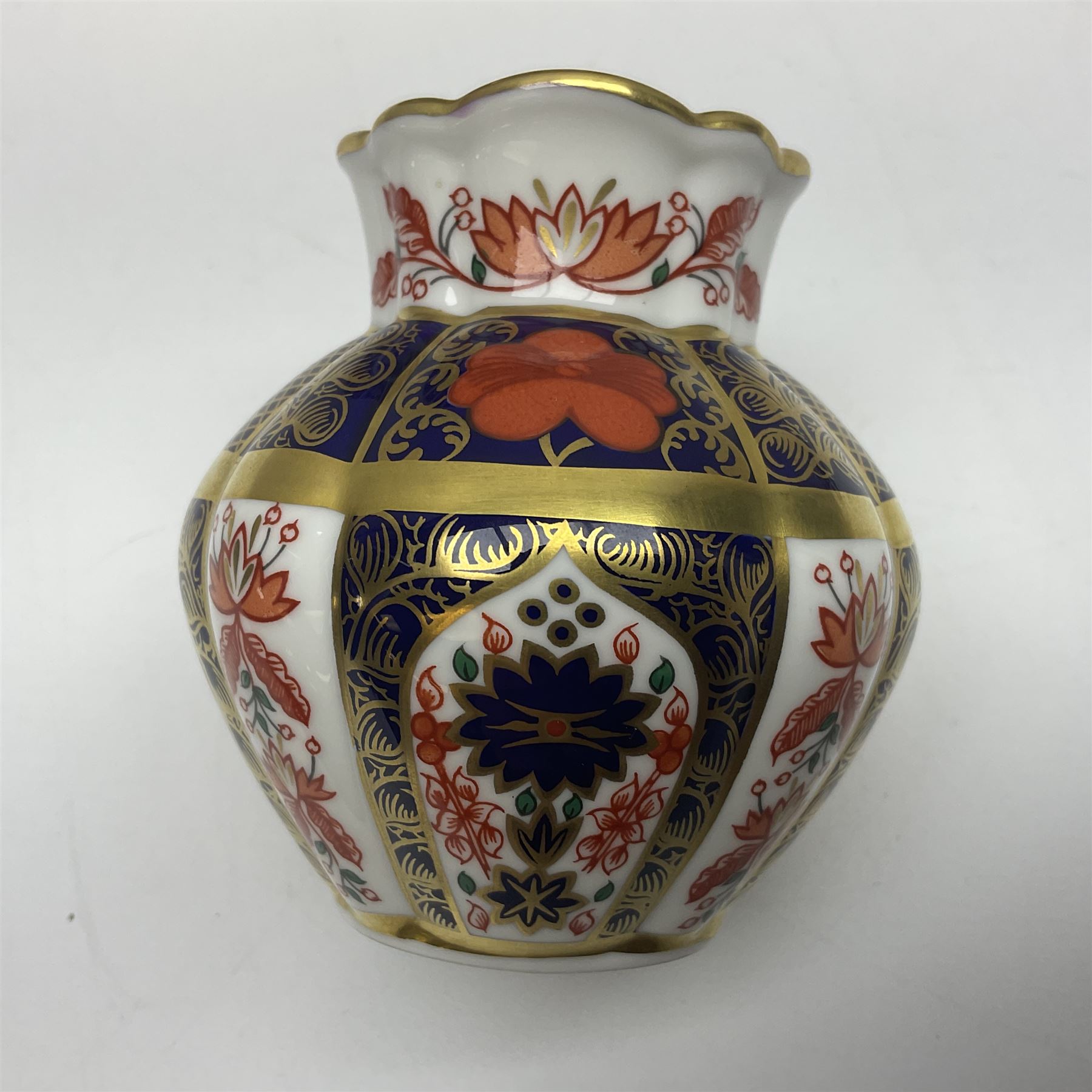 Royal Crown Derby Old Imari pattern miniature vase, coffee can and saucer, teacup and saucer and plate, all with printed mark beneath, vase H8cm 