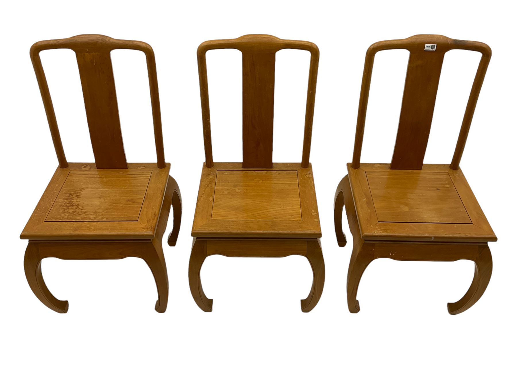 Oriental hardwood rectangular dining table, and six high back dining chairs with solid seats