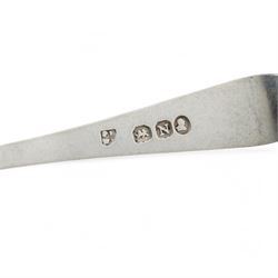 Set of twelve silver coffee spoons with shaped finials Birmingham 1956, set of six silver teaspoons engraved with initials Sheffield 1932 and five George III teaspoons London 1808 Maker Peter and William Bateman