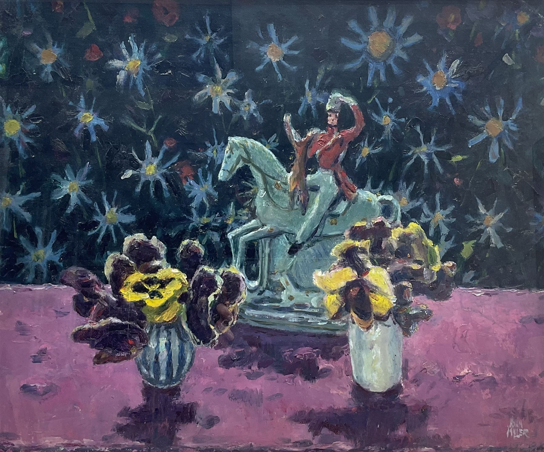 John Miller RSA PRSW (Scottish 1911-1975): 'Staffordshire Figure and Pansies', oil on canvas board signed 48cm x 59cm 
Provenance: with Christie's Scotland, 17th April 1991, Lot 119