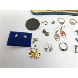 Two gold signet rings and a sapphire, opal and diamond ring, single stone diamond ring, pair of gold stone set earrings and other gold earrings, all 9ct stamped or hallmarked, silver earrings and other costume jewellery