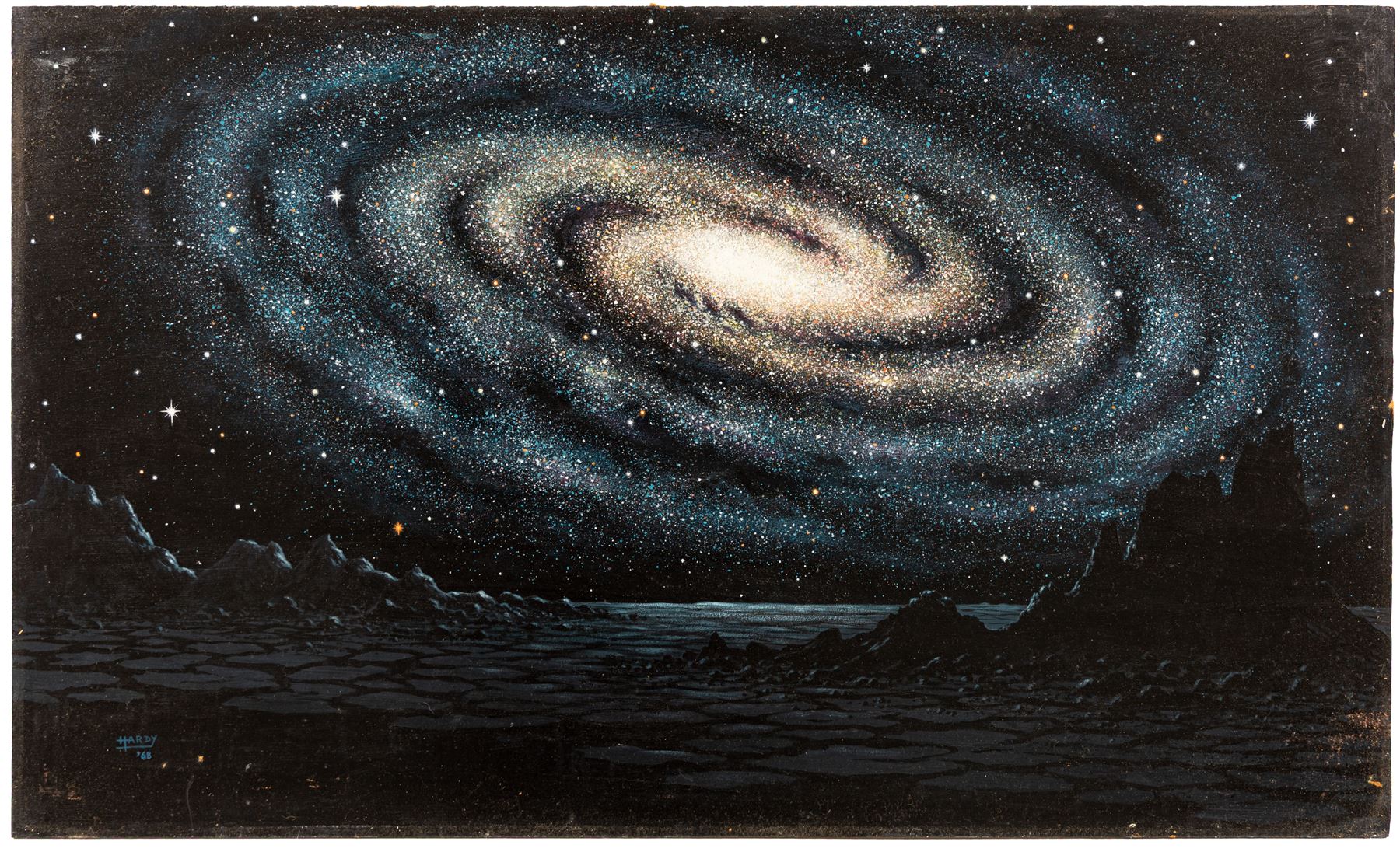 David A Hardy (British 1936-): Andromeda, oil on board signed and dated '68, 47cmx76cm (unframed)
Notes: This item is from the private collection of Arthur C. Clarke's brother.