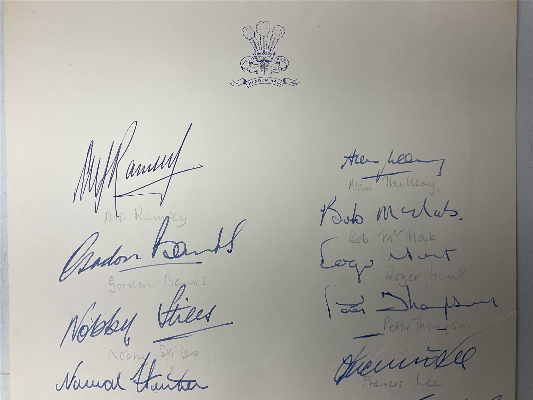 Hendon Hall Hotel letter heading signed by nineteen players and staff of the England football team including Alf Ramsey, Gordon Banks, Nobby Stiles, Jack Charlton, Alan Ball, Geoff Hurst, Martin Peters, Roger Hunt, Bobby Charlton, Norman Hunter, Francis Lee, Alan Mullery, Bob McNab etc probably before the 15th January1969 game against Romania as also signed by Paul Reaney