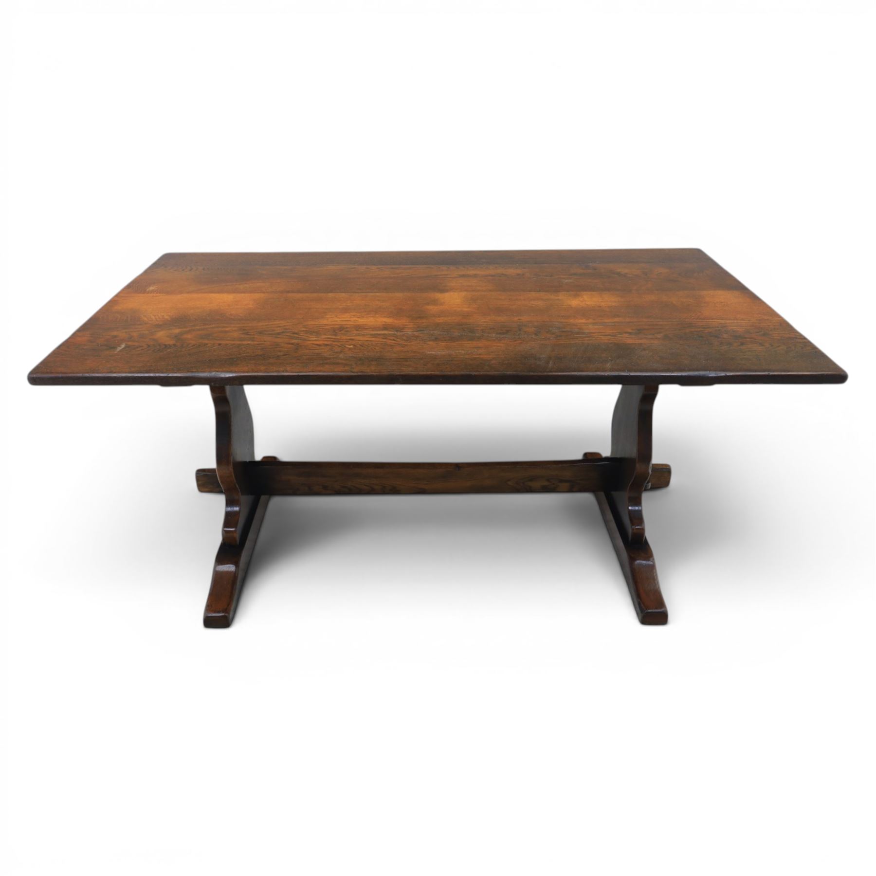 17th century design oak refectory dining table, rectangular table on stretcher base with shaped ends 