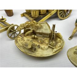 Collection of Japanese celluloid figures, including Rickshaw groups, fishing scene, oxen etc 