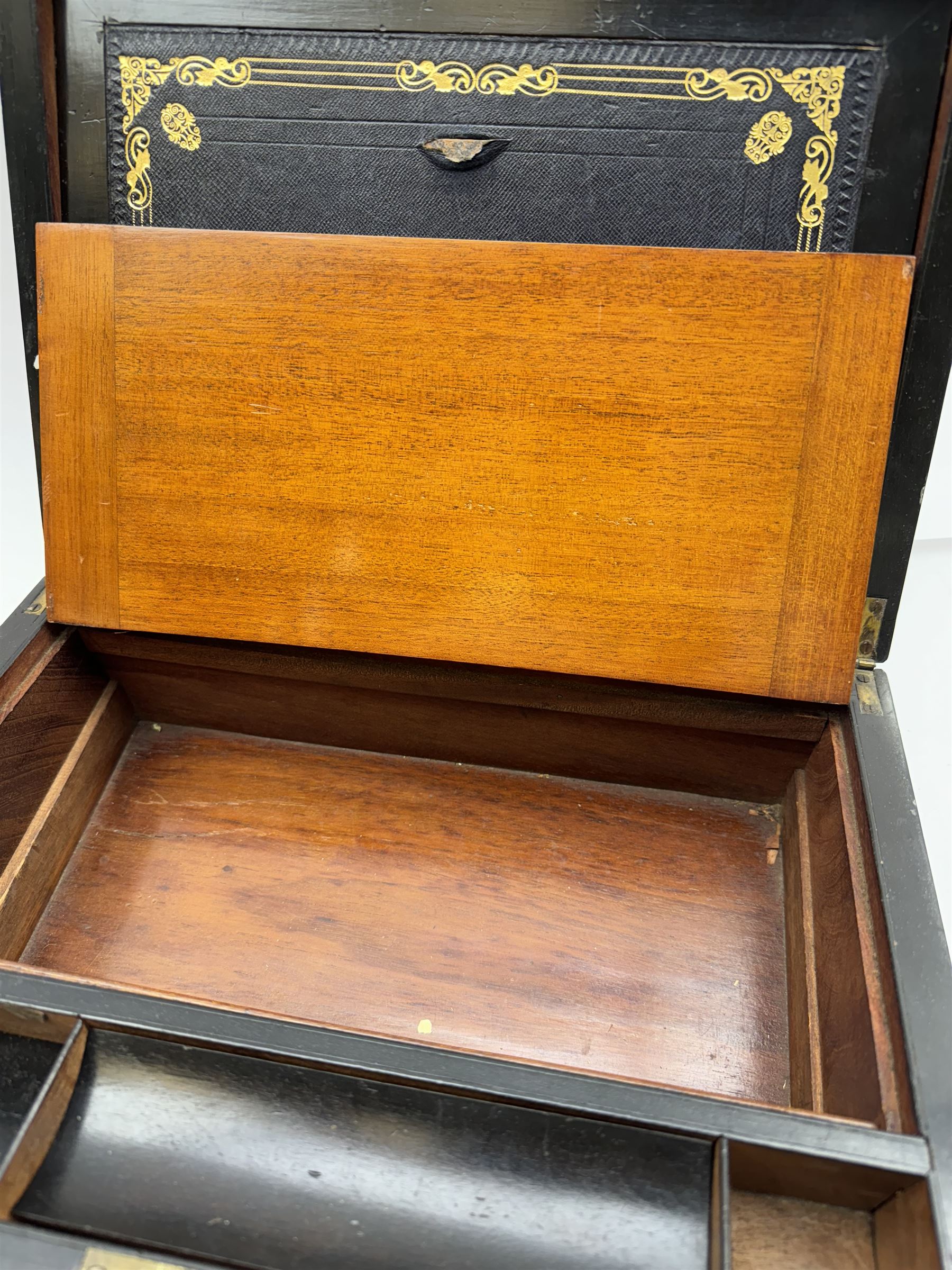 19th century walnut brass bound writing slope, opening to reveal with leather bound interior, H17cm, W35cm