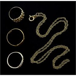 18ct gold signet ring and two 9ct gold rings and a 9ct gold necklace