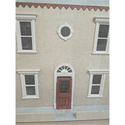 Two storey modern dolls house, with a collection of dolls house furniture and accessories, dolls house H66cm