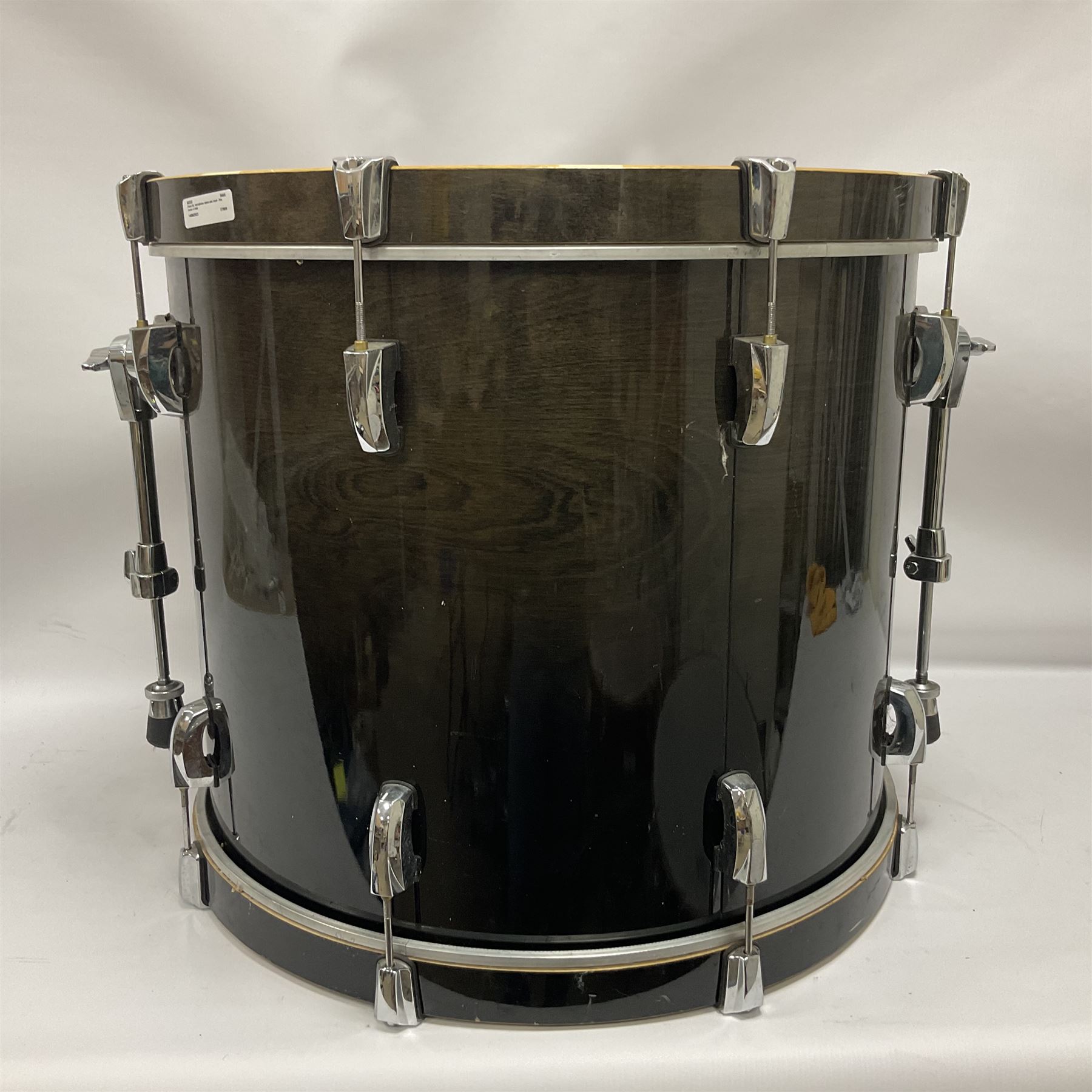 Pearl Vision SST Birch Ply shell four-piece drum kit in black comprising bass drum with foot pedal and three graduated toms; together with Pearl Custom Alloy Sensitone steel snare drum, drum and cymbal stands, microphone stand, stool and various drum sticks 