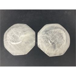 Pair of hexagonal shaped selenite crystal bowls, D10cm