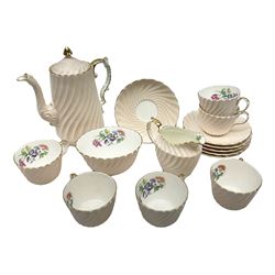 Aynsley coffee service for six, decorated in pink and gilt design of waved form, further decorated with floral sprays, to include coffee pot, saucers, cups and jug