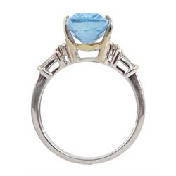 18ct white gold aquamarine ring, with round and baguette diamond shoulders, hallmarked