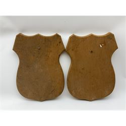 Five wooden shield plaques for mounting taxidermy of various sizes, largest H67cm, D51cm. 