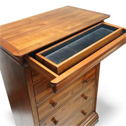 Willis & Gambier - French cherry wood five-drawer chest, the moulded cornice over slide with interior jewellery box all baize lined, two short and three long drawers with turned wooden knobs, on shaped bracket feet