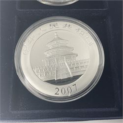 Four one ounce fine silver coins, forming 'The 2007 Famous World Silver Coin Collection', comprising United States eagle, Australian kookaburra, Chinese panda and Canadian maple leaf, cased with Westminster certificate 
