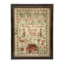 Victorian sampler by Emily Victoria, dated May 1848, worked with the bands of alphabet, figures and house, further detailed with other motifs including urn of flowers, dog, and crowns, within a vine border, framed and glazed, overall H33 W25.5cm