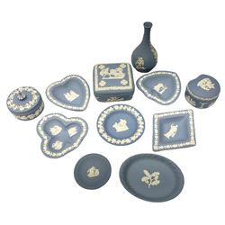 Wedgwood blue Jasperware, including trinket dishes, covered boxes, vase etc (11)