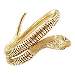 9ct gold snake bangle, with ruby set eyes, Chester 1958