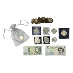 Coins and banknotes, including Lowther mis-printed five pound note 'HH09', Somerset one pound note 'CZ13', United States of America 1971 and 1976 one dollar coins, Great British commemorative crowns, Queen Elizabeth II 1997 two pound coin, 2008 five pound coin, King George V 1920 and 1931  florins and various other pre-decimal coins