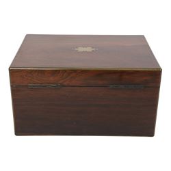  Victorian brass inlaid rosewood dressing table box, retailed by F.L. Hausburg, Liverpool, the lid centred by a brass cartouche, opening to reveal letter store to lid underside, above a fitted interior, with ten mounted cut glass jars, bottles and manicure set, within lift out leather trays, above jewellery drawer, with key, H17cm D24cm