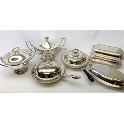  A selection of silver plate, comprising two large pedestal tureen and covers with ladles, two twin handled vegetable servers, a pair of twin handled serving dishes and covers, a further serving dish and cover.   