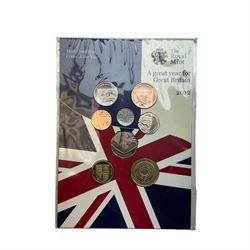 Six The Royal Mint United Kingdom uncirculated coins or sets, comprising  2008 'Queen Elizabeth I' five pounds, 2010 twelve coins, 2012 'Definitive' eight coins, 2013 'Definitive' eight coins, 2014 'Definitive' eight coins and 2015 'The Fourth Circulating Coinage Portrait Final Edition' eight coins, all in card folders