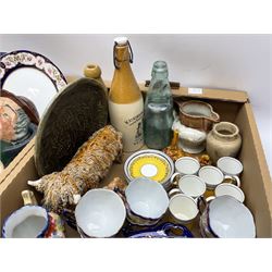 Quantity of Victorian and later ceramics to include teawares, Royal Doulton character jug Uncle Tom Cobbleigh, Mason's ironstone oval serving platter, collectors plates, stoneware etc in two boxes