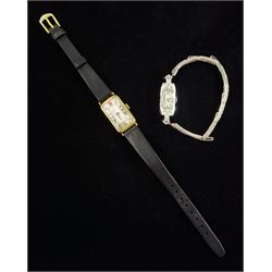 Early 20th century 18ct gold rectangular wristwatch, silvered / white dial with Roman numerals, Edinburgh import mark 1925, on leather strap and an Art Deco 18ct white gold and platinum diamond wristwatch, on expanding silver bracelet