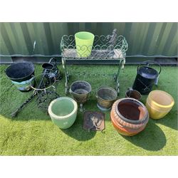 Painted metal watering cans, buckets, wrought metal stand and three small planters - THIS LOT IS TO BE COLLECTED BY APPOINTMENT FROM DUGGLEBY STORAGE, GREAT HILL, EASTFIELD, SCARBOROUGH, YO11 3TX