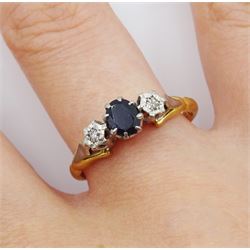18ct gold oval sapphire and round brilliant cut diamond ring, London 1965