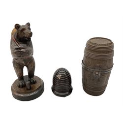 19th century wooden beehive thimble holder with silver bee decoration, black forest style pin cushion and thimble holder, modelled in the form of a standing bear and a wooden cased sewing set with silver thimble, sewing set H10cm