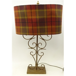  Large gilt metal table lamp with scroll stem and tartan shade, H93cm overall   