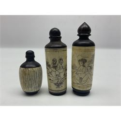Nine Chinese snuff bottles, to include three wood mounted bone examples,  one red resin simulated cinnabar lacquer, ceramic examples etc  