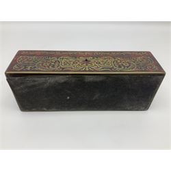 Late 19th century boulle work box, of rectangular form, with scrolling foliate brass inlaid decoration throughout, and central shaped panel engraved with monogram beneath a crown to the hinged cover, opening to reveal a blue watered silk lined interior, H7cm L24cm D9cm