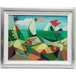 Nildo Martins (Brazilian 1948-): Abstract with Fish and Yachts, oil on board signed 37cm x 48cm
