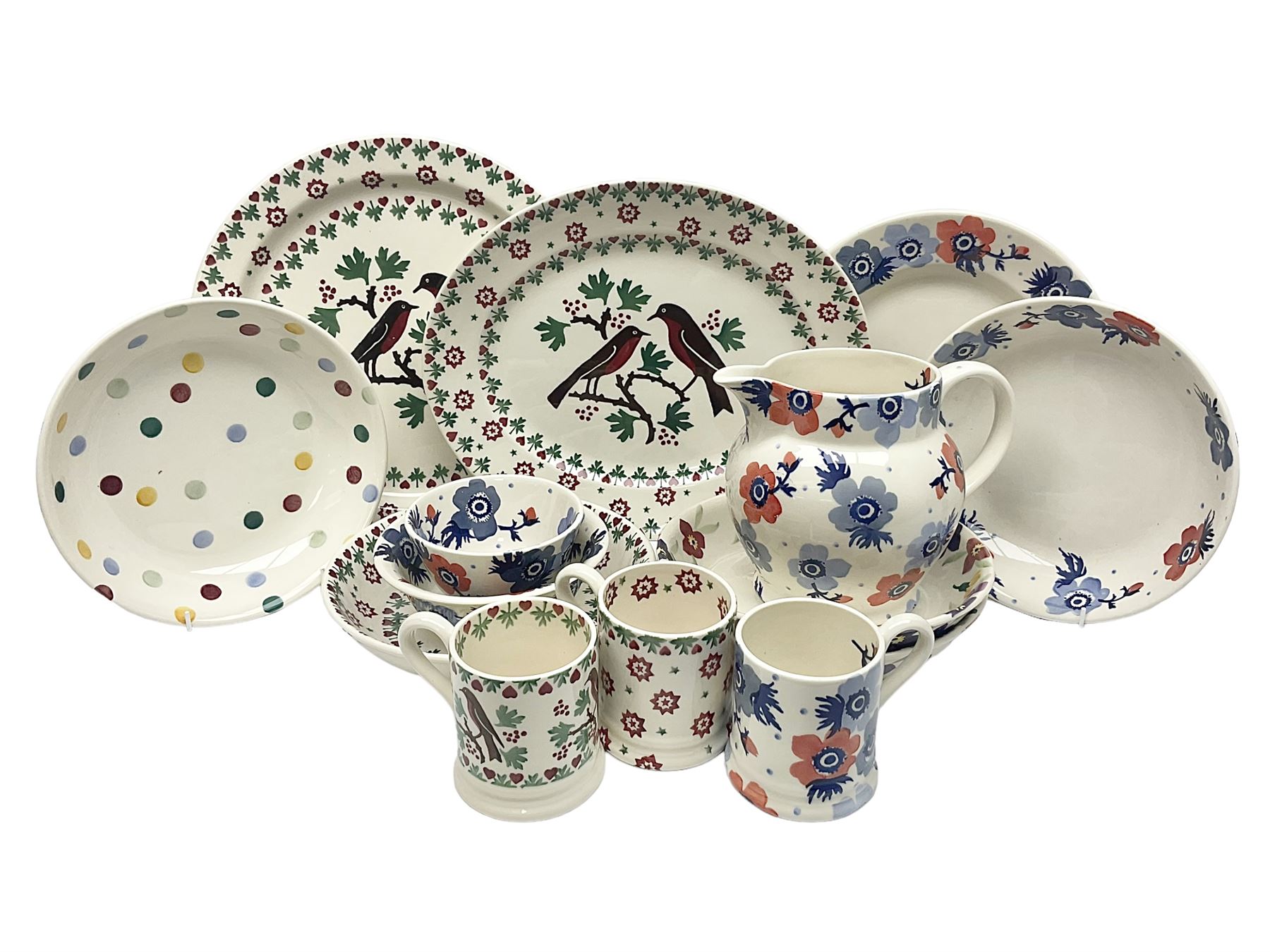Emma Bridgewater ceramics, to include Christmas Joy Robin pattern meat platter, serving plate, bowl and two mugs, Anenome pattern jug, dinner plate, mug and three bowls, polka dot pasta bowl and two Wallflower pattern pasta bowls, largest D33.5cm