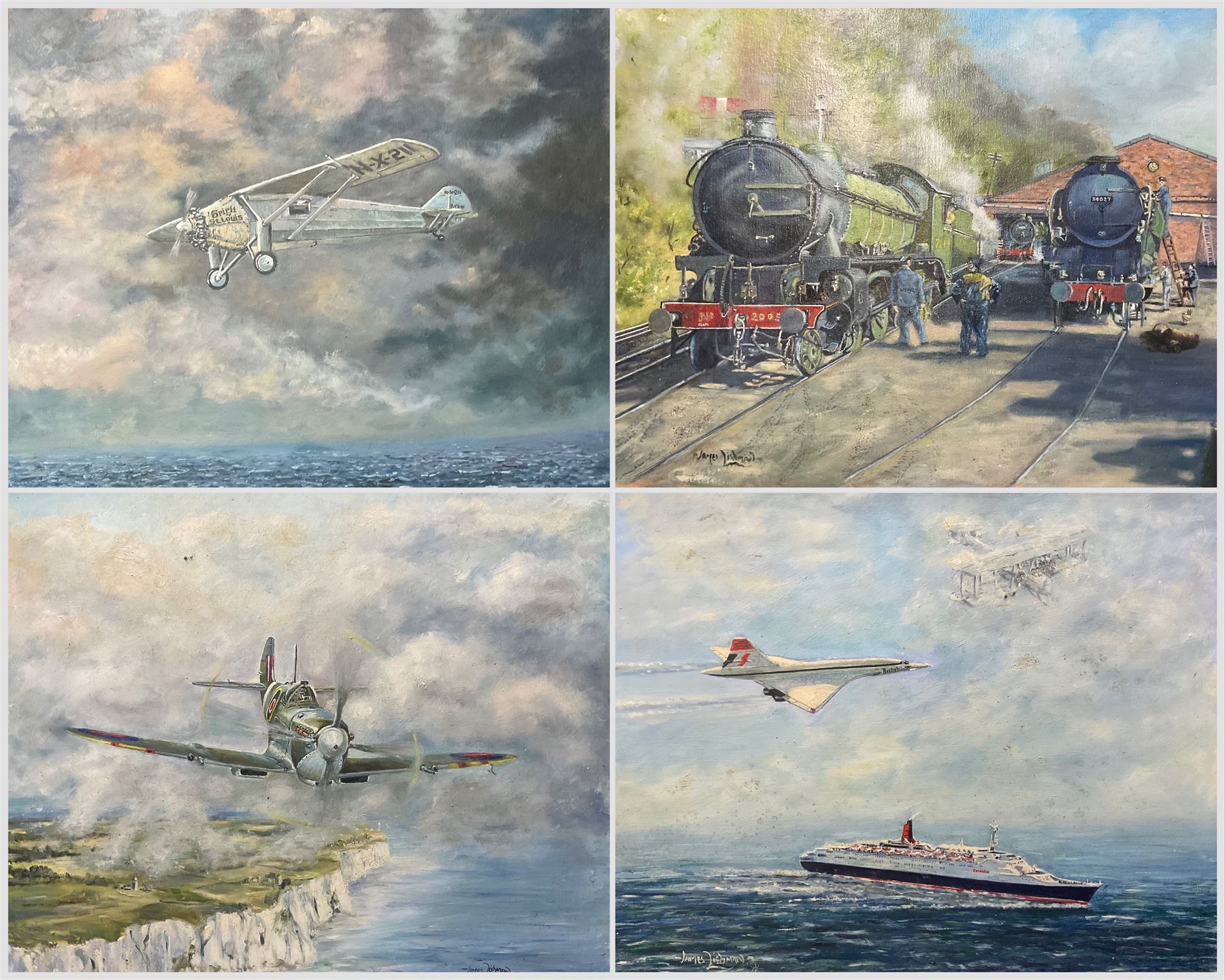 Collection of James Lishman (British 1931-2024) oils and watercolours all signed mostly aeronautical and maritime scenes (10)