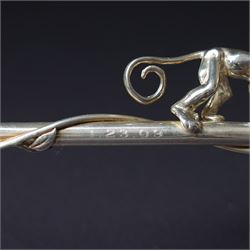 A pair of Tiffany & Co. novelty silver drinking straws, each modelled as a bamboo stem entwined with leaves and applied with a climbing monkey figure, engraved with names and date, stamped TIFFANY & CO. 925, W21cm