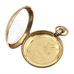 Early 20th century 9ct gold open face keyless lever 'Traveler' pocket watch by American Watch Co, Waltham, No. 19411122, white enamel dial with Arabic numerals and subsidiary seconds dial, case by Dennison Birmingham 1915